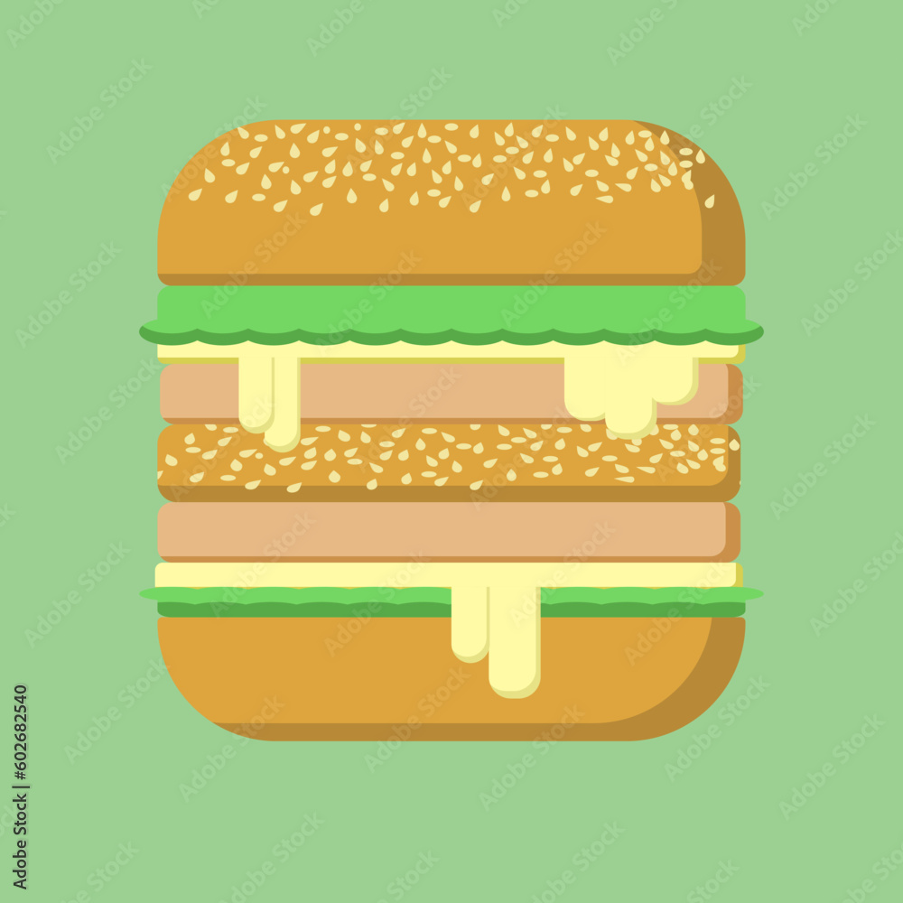 Hamburger with cheese, pork, beef, vegetable and bread in flat vector illustration design Hamburger with cheese, pork, beef, vegetable and bread in flat vector illustration design