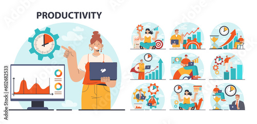 Productivity concept set. Character worktime optimization. Employee job
