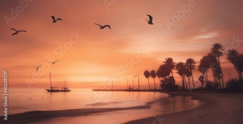 sunset on the beach with palm trees and birds. Generative AI
