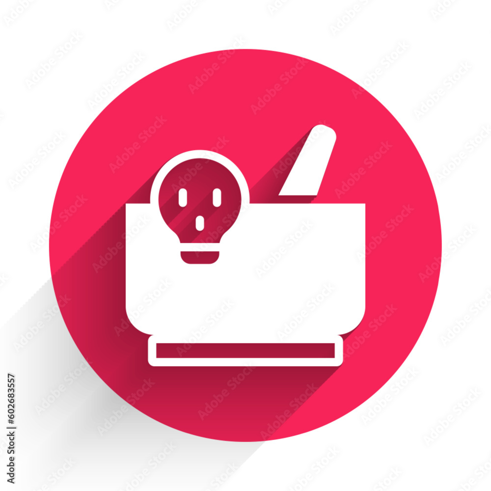 White Mortar and pestle icon isolated with long shadow background. Red circle button. Vector White Mortar and pestle icon isolated with long shadow background. Red circle button. Vector