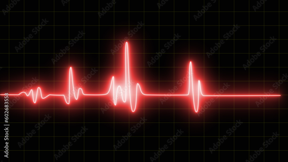 Emergency ekg monitoring. Red glowing neon heart pulse. Heart beat. Electrocardiogram, Red glowing neon heart pulse illustration. - obrazy, fototapety, plakaty 