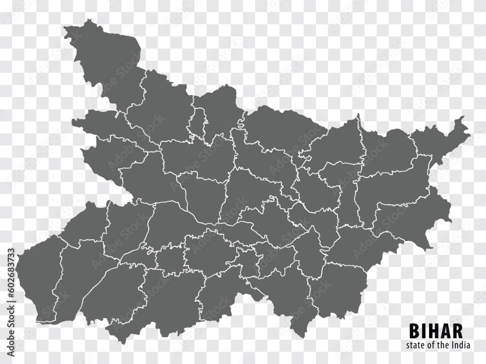 Blank map State  Bihar of India. High quality map Bihar with municipalities on transparent background for your web site design, logo, app, UI. Republic of India.  EPS10. - obrazy, fototapety, plakaty 