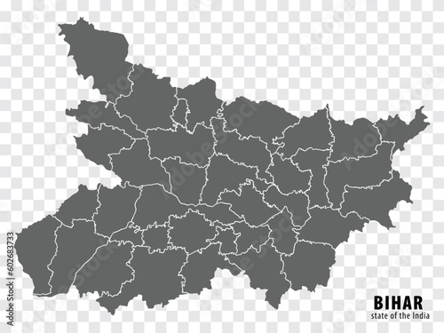 Blank map State Bihar of India. High quality map Bihar with municipalities on transparent background for your web site design, logo, app, UI. Republic of India. EPS10.