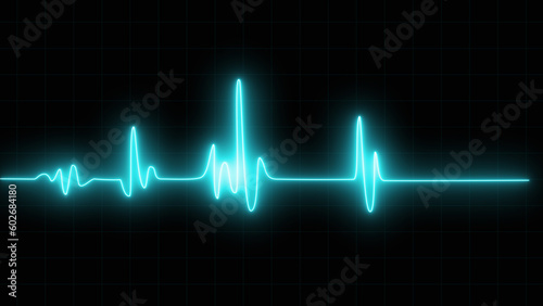 Heart rate monitor electrocardiogram beautiful skyblue bright design on black background. Heartbeat icon. Pulse line illustration.