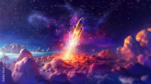 Rocket flies through the clouds on moonlight Generative AI © Yury