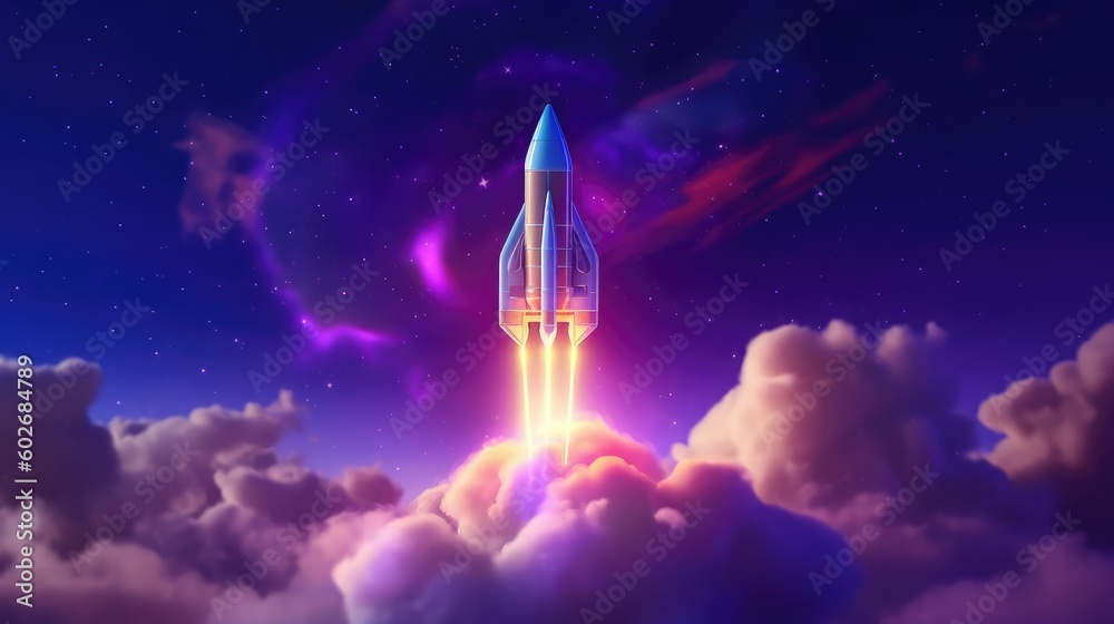 Obraz premium Rocket flies through the clouds on moonlight