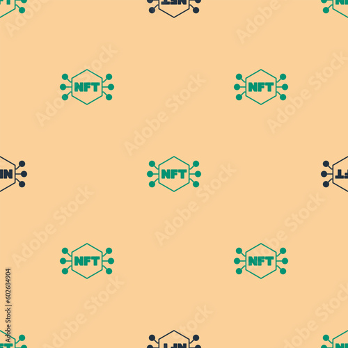 Green and black NFT Digital crypto art icon isolated seamless pattern on beige background. Non fungible token. Vector