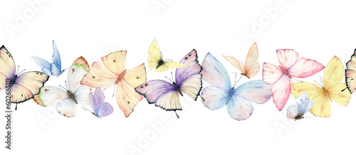 Watercolor seamless border of multicolored butterflies. Perfect for the creat...