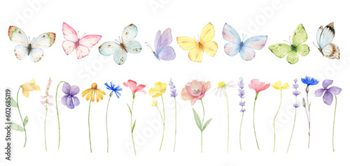 Watercolor set of meadow flowers and colorful butterflies.  Perfect for the creation of printed products, party invitation, wedding, wallpaper, textiles, digital scrapbooking, greeting cards.