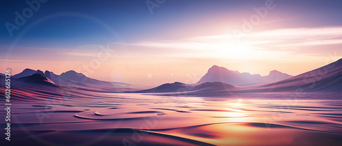 3D Futuristic background of mountains with lake and sunset in metaverse world concept with evening sunlight atmosphere. copy space, banner, website - 3d rendering