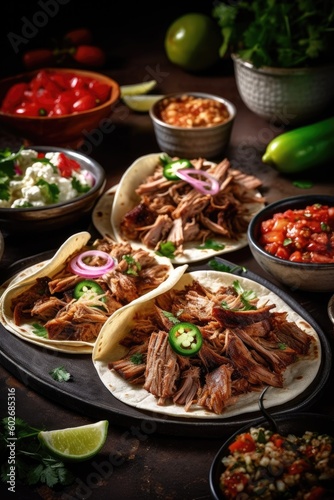 authentic mexican barbacoa, carnitas and chicken tacos. generated by AI