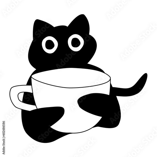 ฺBlack Cat hugs a coffee cup. animal food icon concept 