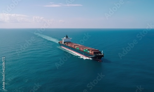 Aerial view of massive container ship sailing on the sea. Creating using generative AI tools