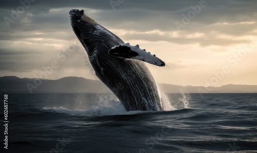 Majestic whale leaping out of the ocean waves Creating using generative AI tools © uhdenis
