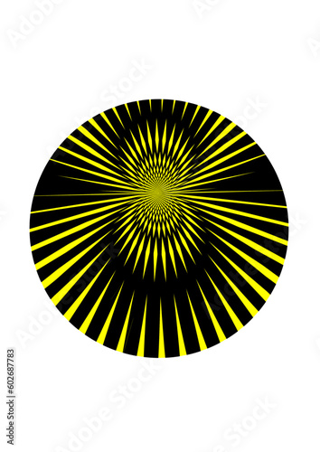 kreisfläche gefüllt mit gelben linien und strahlen mit einem asymmetrischen zentrum auf schwarzem untergrund, modern art