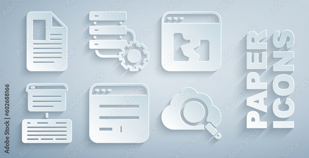 Set Browser window, Broken file, Server, Data, Web Hosting, Search cloud computing, and gear and File document icon. Vector Set Browser window, Broken file, Server, Data, Web Hosting, Search cloud computing, and gear and File document icon. Vector
