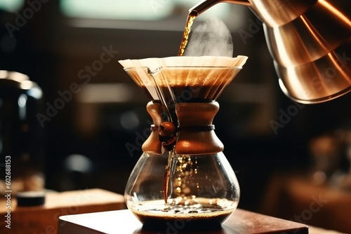 Alternative coffee brewing method,pure over,glass teapot on wooden tray with brewed coffee on dark background. AI Generated