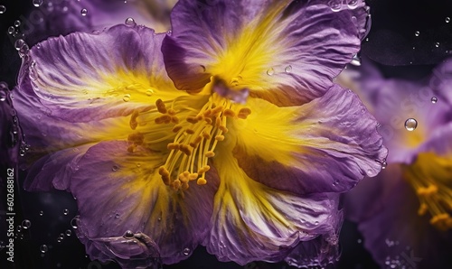  a close up of a purple flower with drops of water.  generative ai © Anna