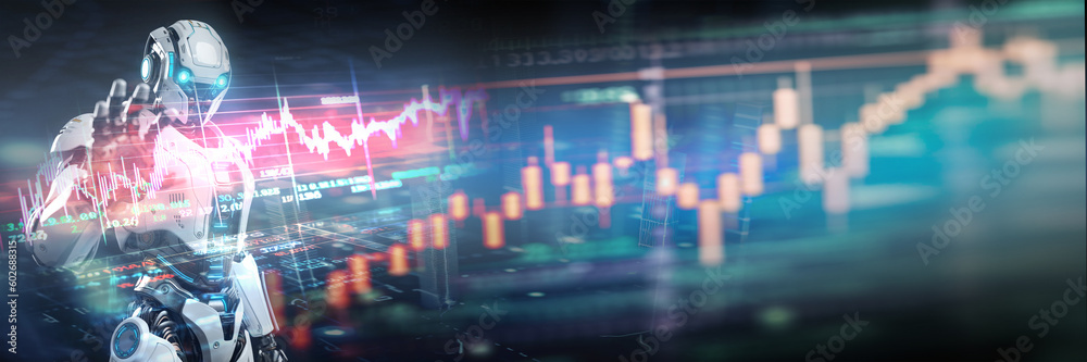 Concept of artificial intelligence for Mechanized robot trading stock market, banner, Generative AI Concept of artificial intelligence for Mechanized robot trading stock market, banner, Generative AI