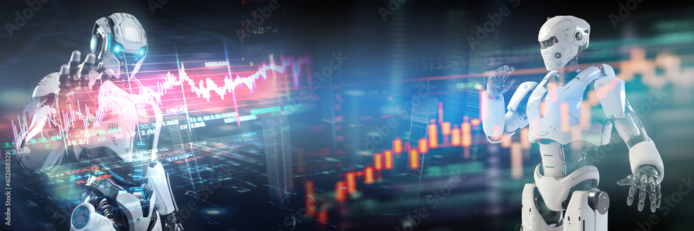 Naklejka premium Concept of artificial intelligence for Mechanized robot trading stock market, banner, Generative AI