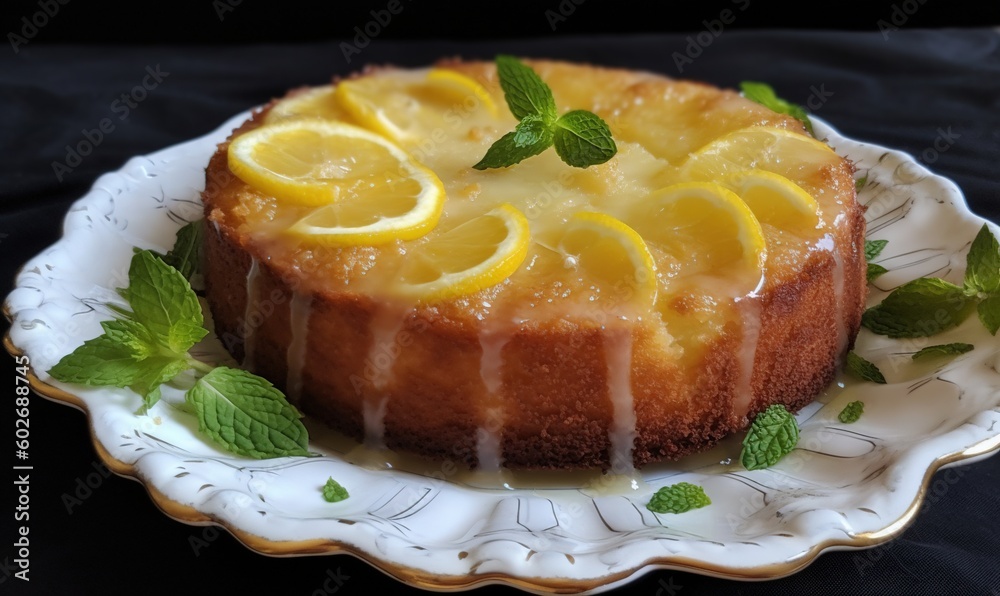  a cake with lemons and mints on a plate.  generative ai