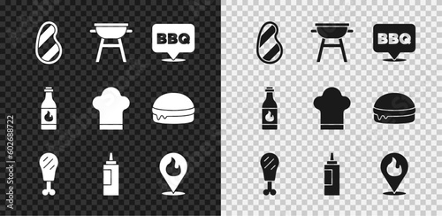 Set Steak meat, Barbecue grill, Chicken leg, Sauce bottle, Location with fire flame, Tabasco sauce and Chef hat icon. Vector