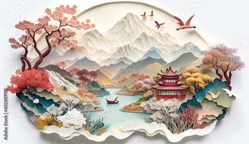 Fotografiet Paper art landscape with red pagoda, lake, mountains and birds, Generative AI