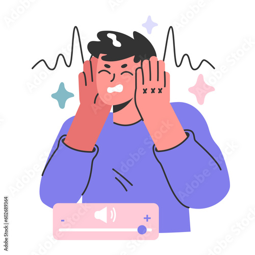 Hearing loss concept. Young male character with hearing system