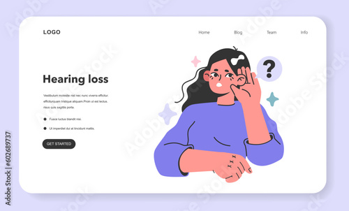 Hearing loss concept. Young female character with hearing system