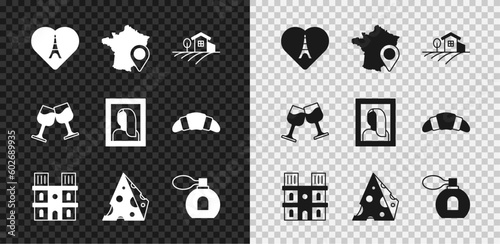 Set Eiffel tower with heart, Map of France, Village landscape, Notre Dame de Paris, Cheese, Perfume, Wine glass and Portrait picture museum icon. Vector