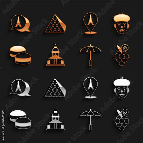 Set Museum building, French mime, Grape fruit, Umbrella for beach, Macaron cookie, Eiffel tower, and Louvre glass pyramid icon. Vector