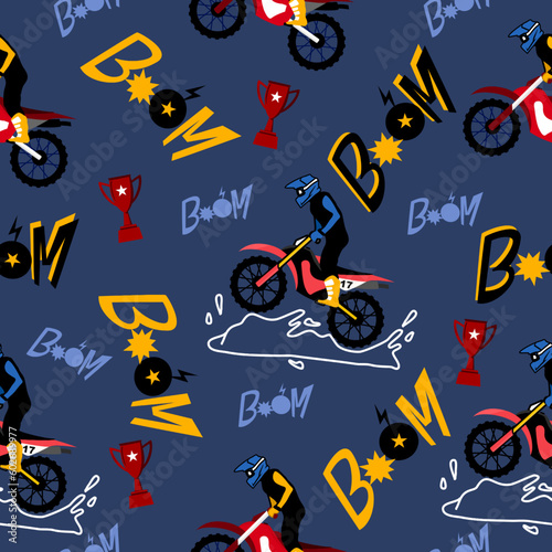 Motorbike truck  cartoon pattern design .motorcycle extreme pattern for kids clothing, printing, fabric ,cover.motorcycle extreme dirty seamless pattern.motorcycle extreme on dark background.