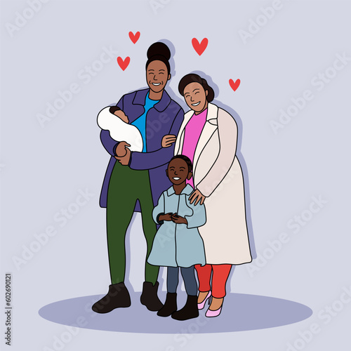 LGBT family. Couple of lesbians with happy children. Children adopted by lesbians couple. Equal love for LGBT lesbian. pride month. vector illustration