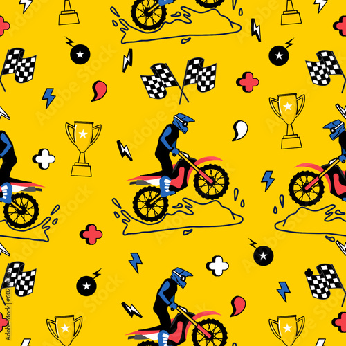 Motorbike truck  cartoon pattern design .motorcycle extreme pattern for kids clothing, printing, fabric ,cover.motorcycle extreme dirty seamless pattern.motorcycle extreme on yellow background.