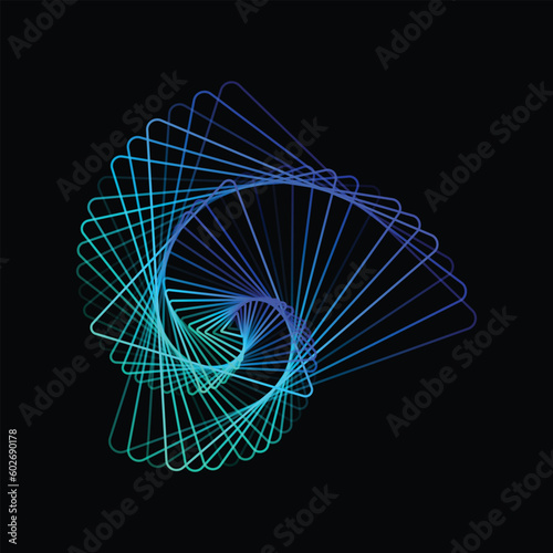 Abstract vector geometric Illustration of flowing distorted triangular blue and green lines on black background. 
Digital future technology concept design.