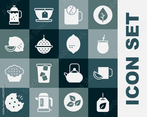 Set Tea bag with leaf, Cup of tea lemon, Mate, time, Ball strainer, Lemon, French press and icon. Vector