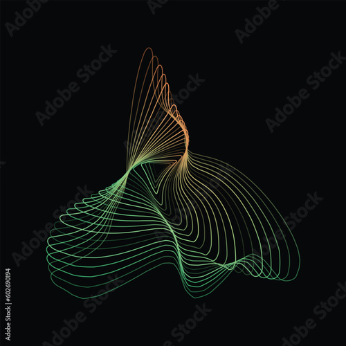 Abstract vector geometric Illustration of flowing distorted triangular green and orange lines on black background. 
Digital future technology concept design.
