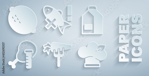Set Carrot, Paper package for milk, Genetically modified chicken, Vegan food diet, No fish and Lemon icon. Vector