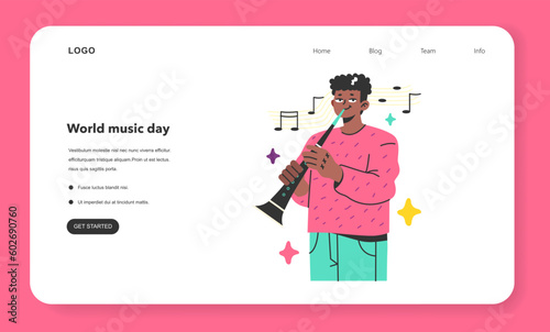 Young musician playing clarinet web banner or landing page. Black clarinetist