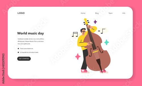 Double bass player web banner or landing page. Male character