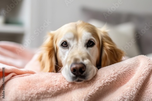 Cute relaxed dog lying on clean towels after taking bath . AI Generated