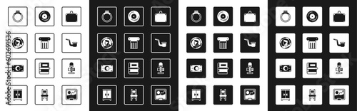 Set Suitcase, Ancient column, coin, Gold ring, Smoking pipe, Vinyl disk, Microphone and Stacks paper money cash icon. Vector