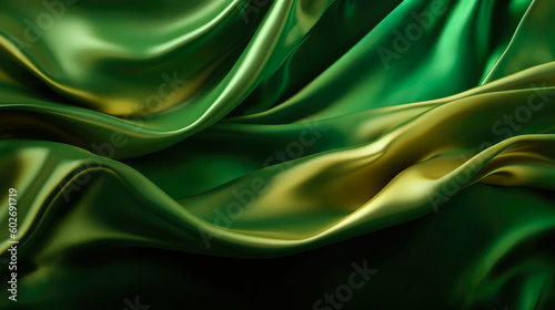 Closeup of rippled green and yellow satin silk fabric abstract background of elegant green silk or satin with some smooth folds in it. 3d render, abstract background, satin, silk, waves. Generated AI