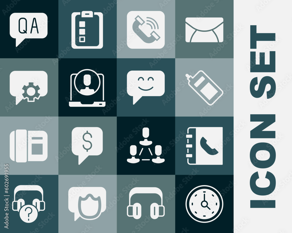 Set Clock, Phone book, Mobile phone, Telephone handset, 24 hours support, Question Answer and Smile face icon. Vector