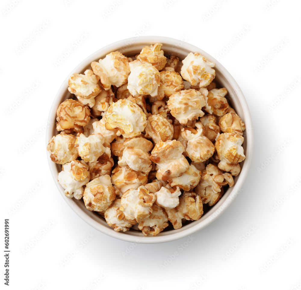 Top view of fresh caramel popcorn in ceramic bowl Top view of fresh caramel popcorn in ceramic bowl