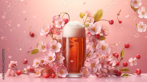 Glass of craft cherry beer or on a light pink background with cherry blossom branches, promotional illustration. Red cherry ale or belgian kriek, commercial banner. Generative AI