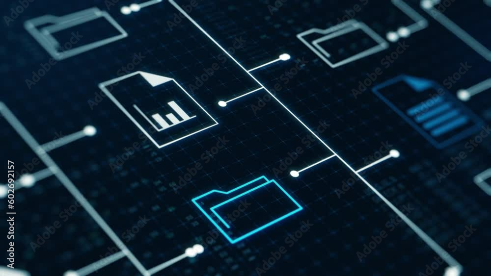 futuristic holographic interface of a file manager, folder structure with documents and data scanning, digital document storage software, cloud database, search and manage documents,paperless office