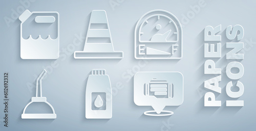 Set Canister for motor machine oil, Motor gas gauge, Check engine, Traffic cone and gasoline icon. Vector