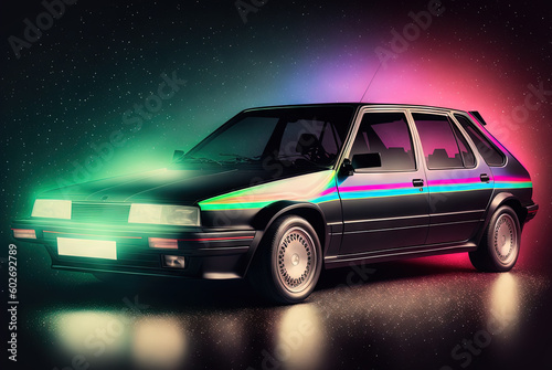 80s styled abstract retro car. Vintage automotive design in neon lights. Generated AI.