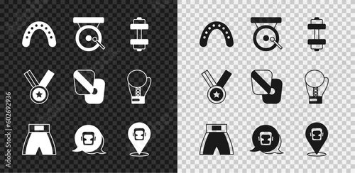 Set Mouth guard boxer, Boxing gong, Dumbbell, short, helmet, Medal and training paws icon. Vector